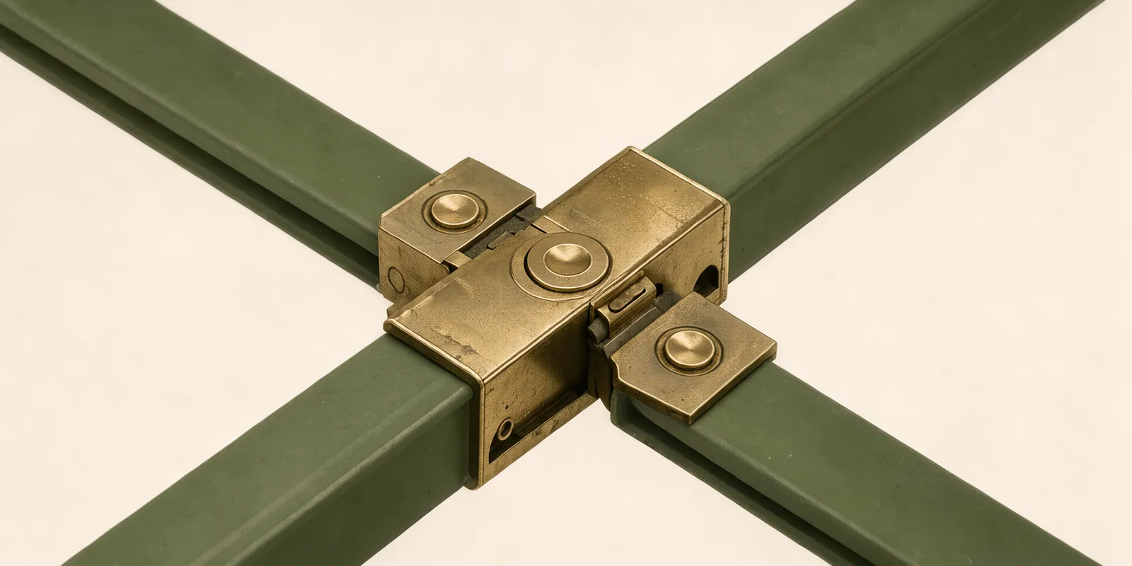 A close-up of a brass scaffolding joint connecting two moss-green beams, set against a large, empty cream background.