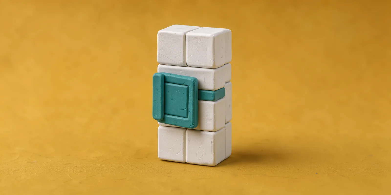 A 3D clay diorama of a vertical chain of interlocking white geometric blocks, with a teal clay barrier sliding into the center to block a mismatched block from connecting to the chain.
