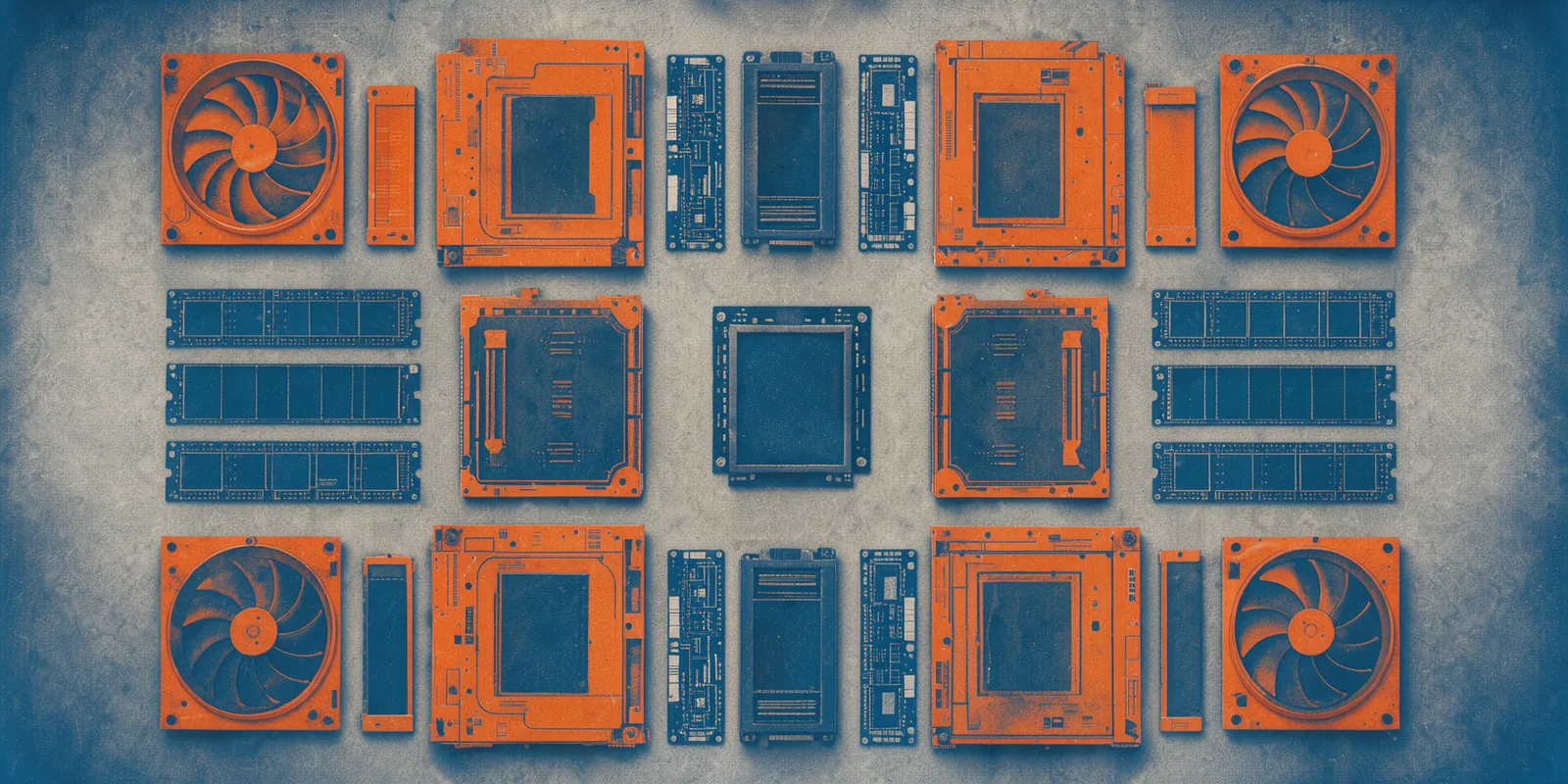A symmetrical cyanotype-style photogram of server components like CPU sockets, drive caddies, and memory modules laid out on a concrete-grey background, using a palette of steel blue and safety orange.