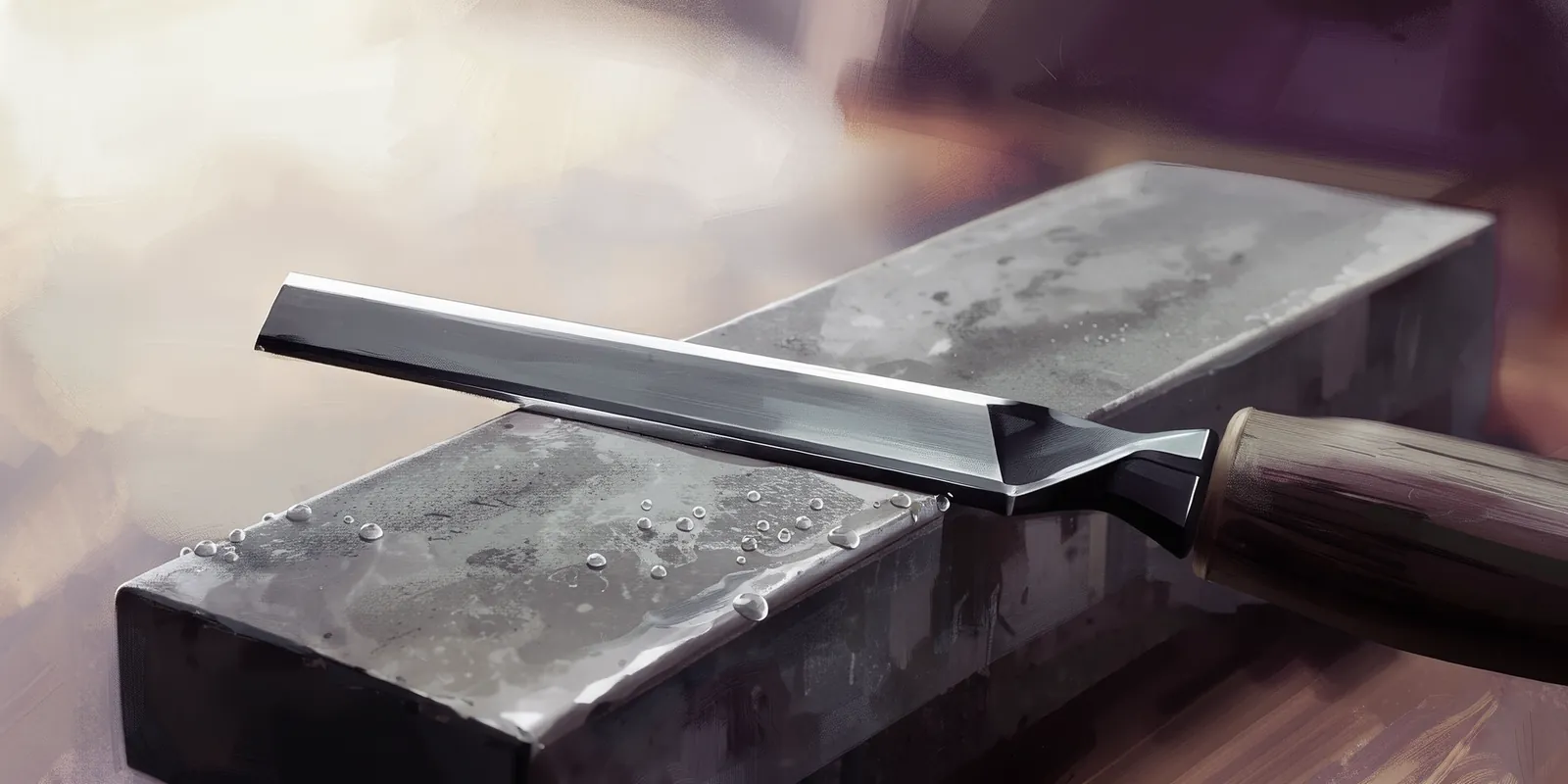 A painterly close-up of a steel chisel being sharpened on a grey whetstone, with water droplets visible on the surface, set against a bright background.