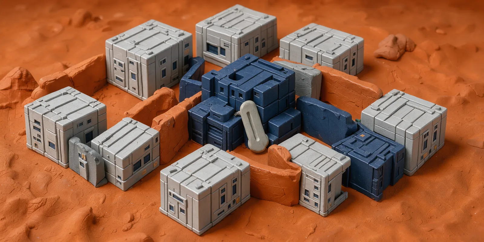 A 3D clay diorama of a remote server facility with isolated steel-colored modular buildings on a rust-orange desert floor, featuring clear, thick clay partitions between them to illustrate secure privilege boundaries.