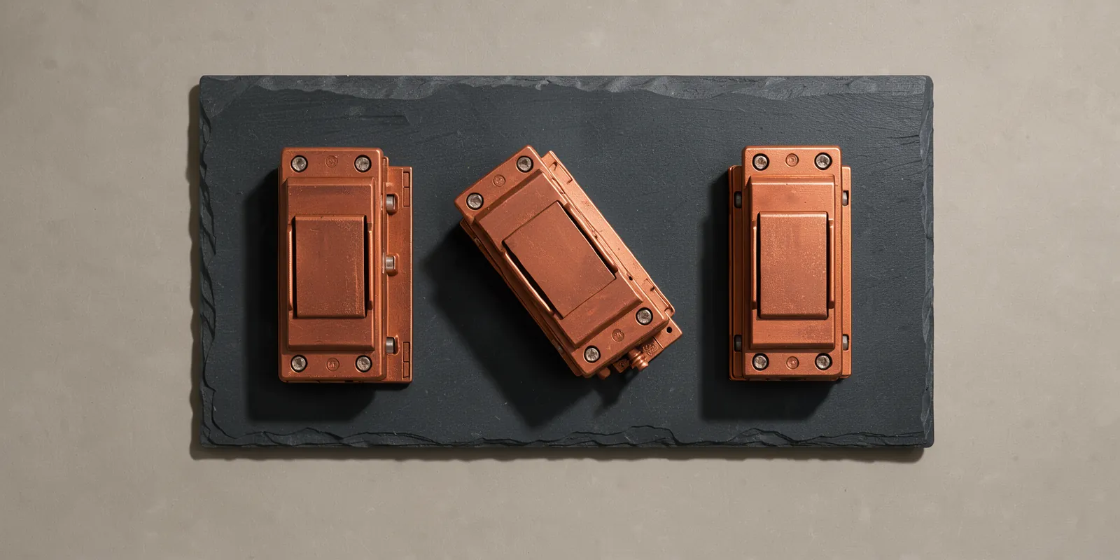 A top-down view of three unmarked, copper-colored electrical breaker switches on a dark slate panel, with the center switch tripped to the side, symbolizing a safety disconnect.