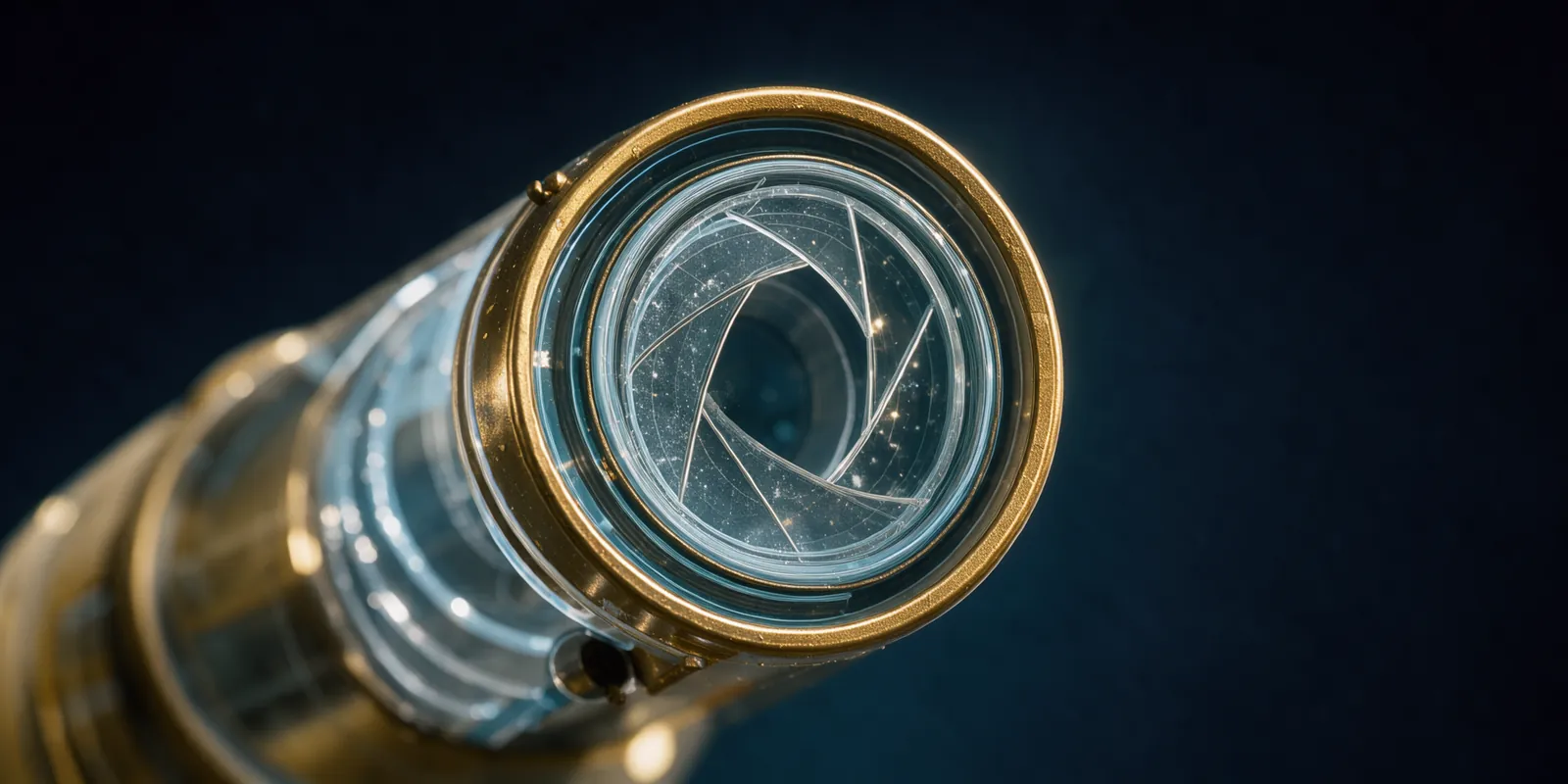 A close-up of a transparent brass telescope aperture revealing internal lens structures, set against a dark void, symbolizing precise model selection.