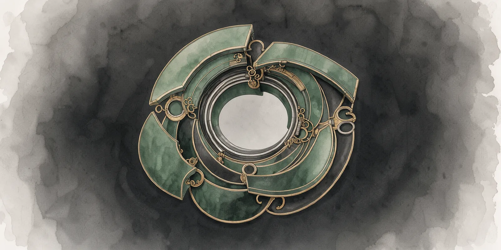 A technical watercolor painting of a mechanical iris made of jade green and obsidian segments, centered in a dark background, representing precise resource partitioning.