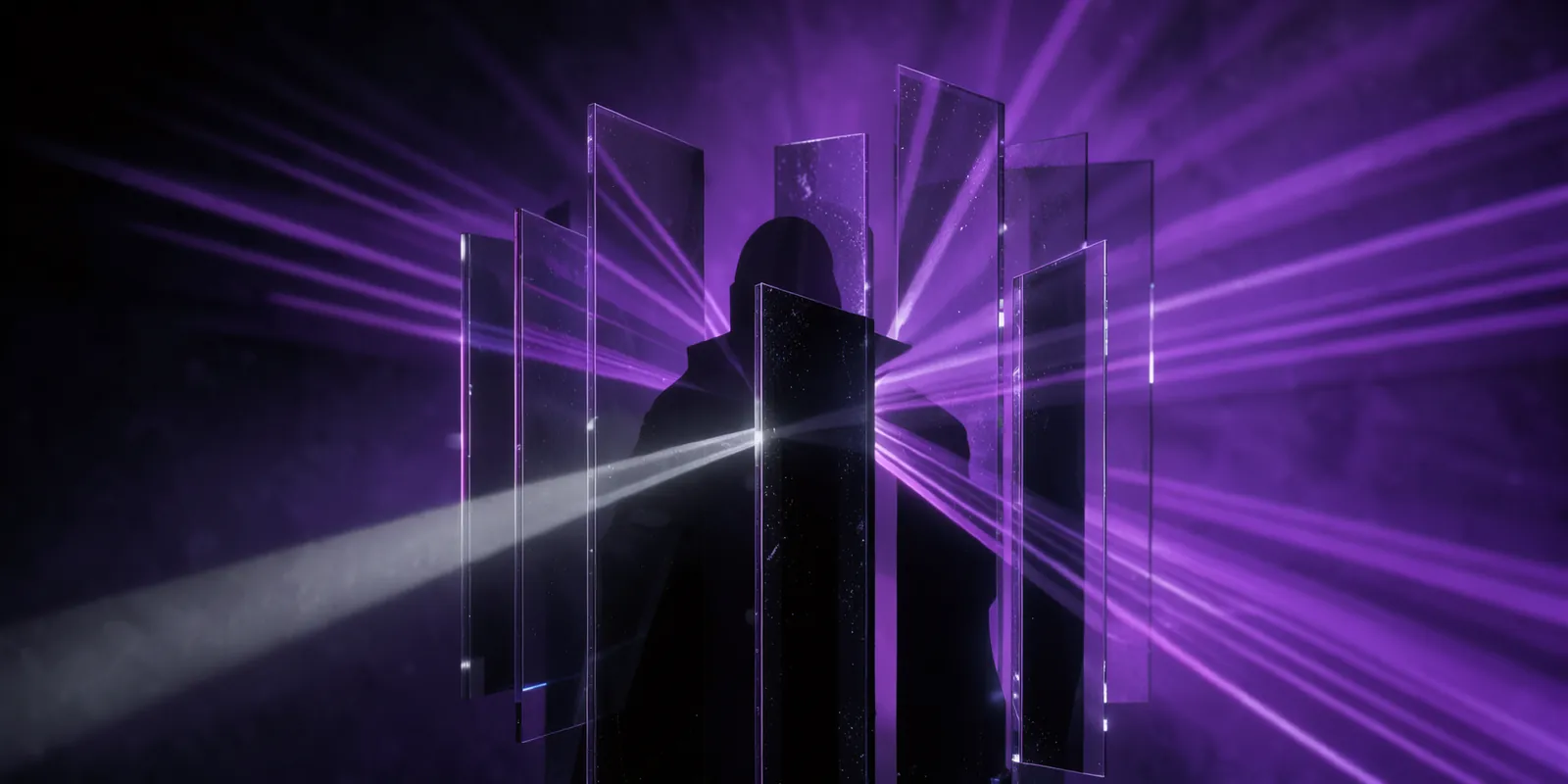 A dark silhouette of an angular glass prism array splitting a single silver beam into multiple parallel violet beams against a glowing background.