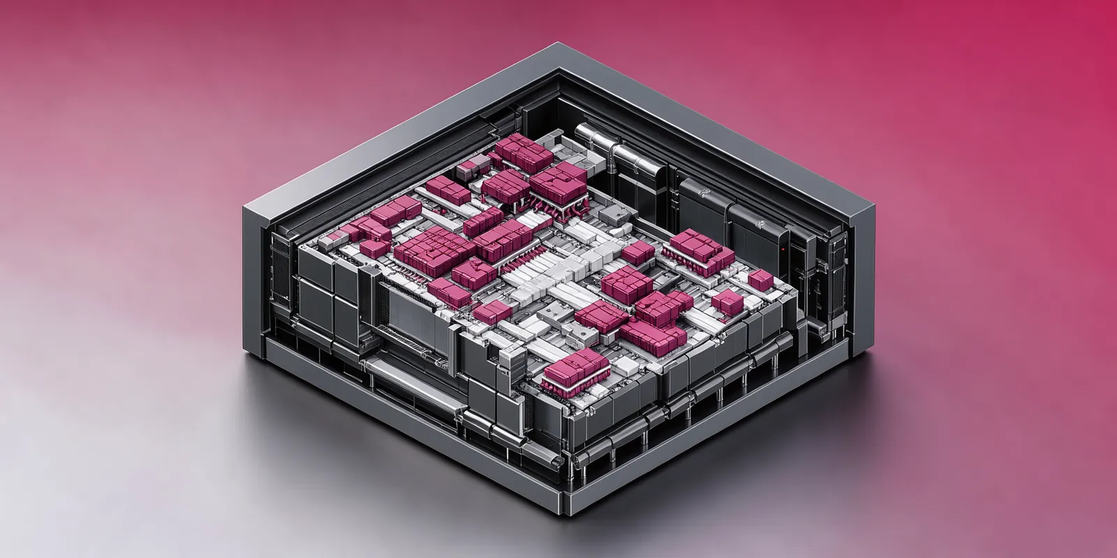 An isometric cutaway illustration of a sleek, charcoal-grey server monolith with its interior exposed, featuring magenta computing blocks and cool-white data pathways, rendered in a clean, glossy style.