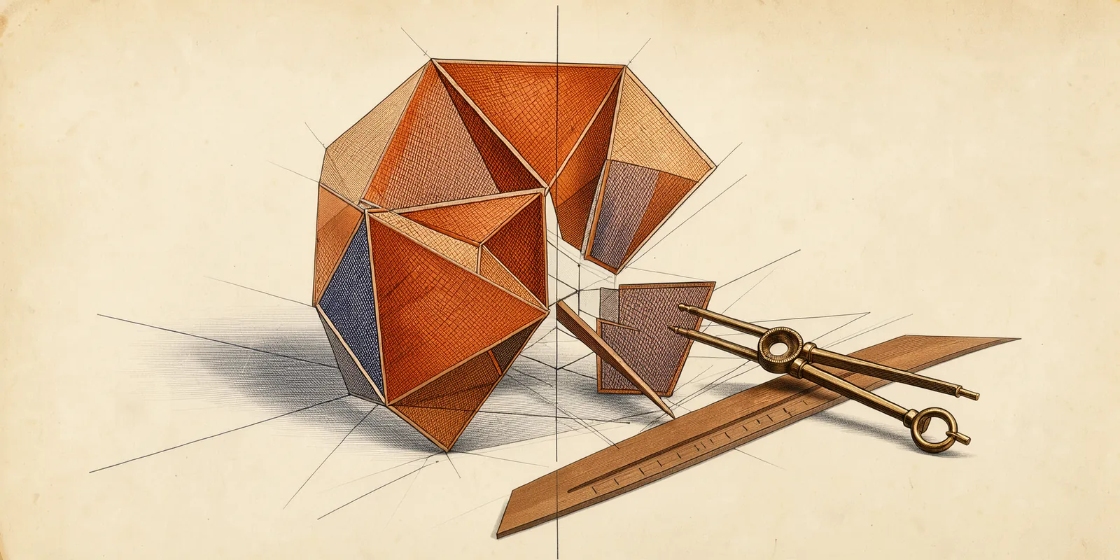 A scientific engraving of a complex geometric polyhedron on a drafting table, with a compass and set square adjusting a segment of the shape.