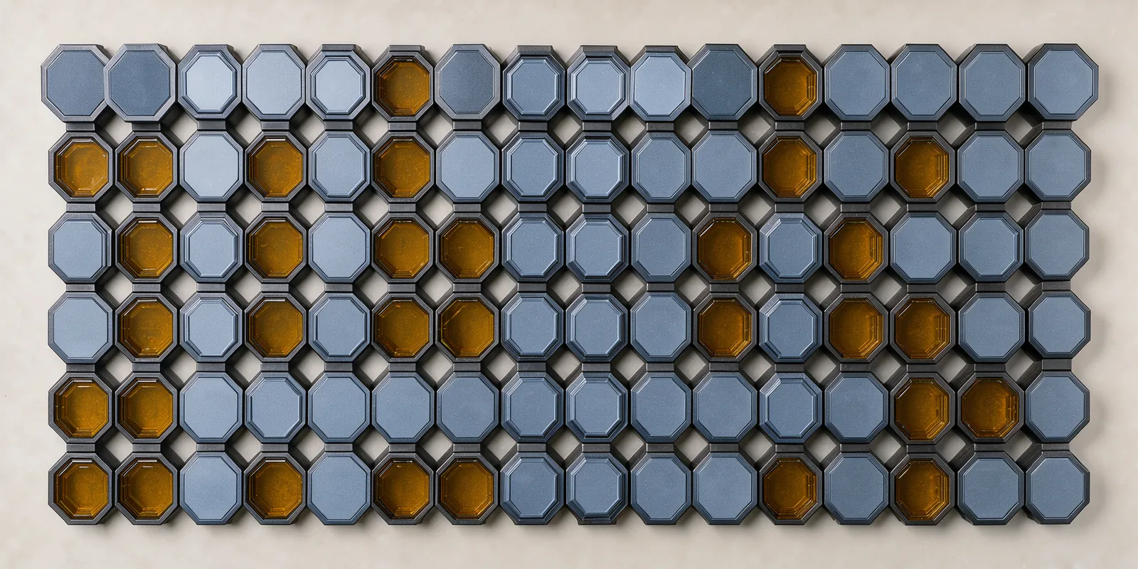 A top-down, flat-lay view of a hexagonal grid, with some cells filled with amber resin and others being sealed with plain steel-blue lids, illustrating the concept of securing isolated compartments.