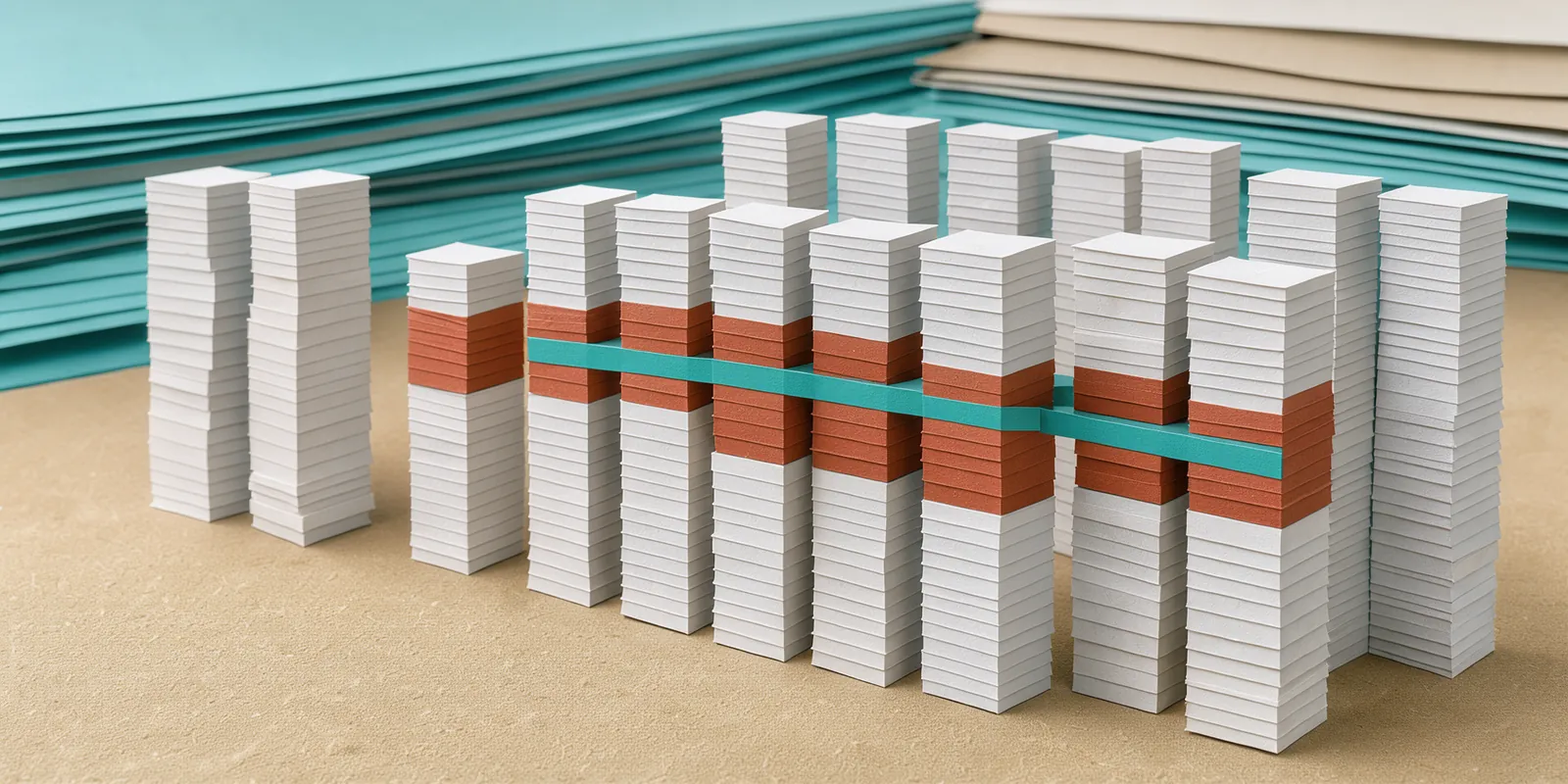 A layered papercraft scene of vertical block stacks on a sand-colored surface, representing certificate chains, with eight stacks being blocked by a turquoise horizontal barrier at their midpoint.