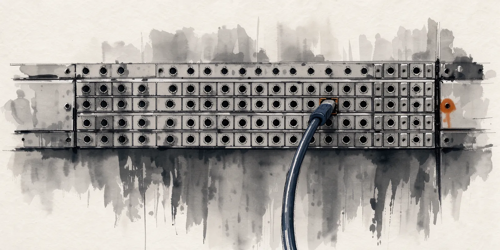 An ink wash painting of an industrial patch panel, showing a cable being moved from a primary row to a legacy port, symbolizing a system reconfiguration.