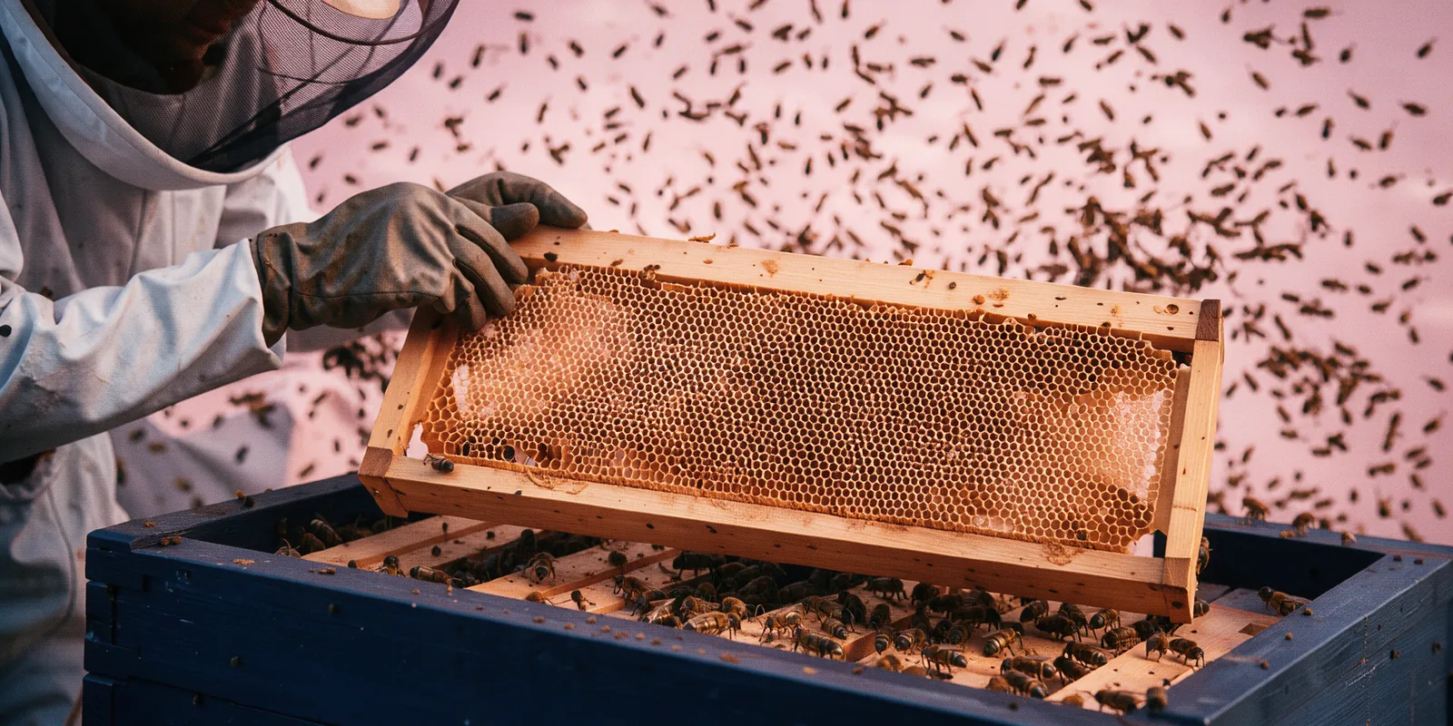 A beekeeper lifts a single, glowing, patterned wooden frame out of a large, dark navy hive box, representing the careful management of agent system checkpoints.