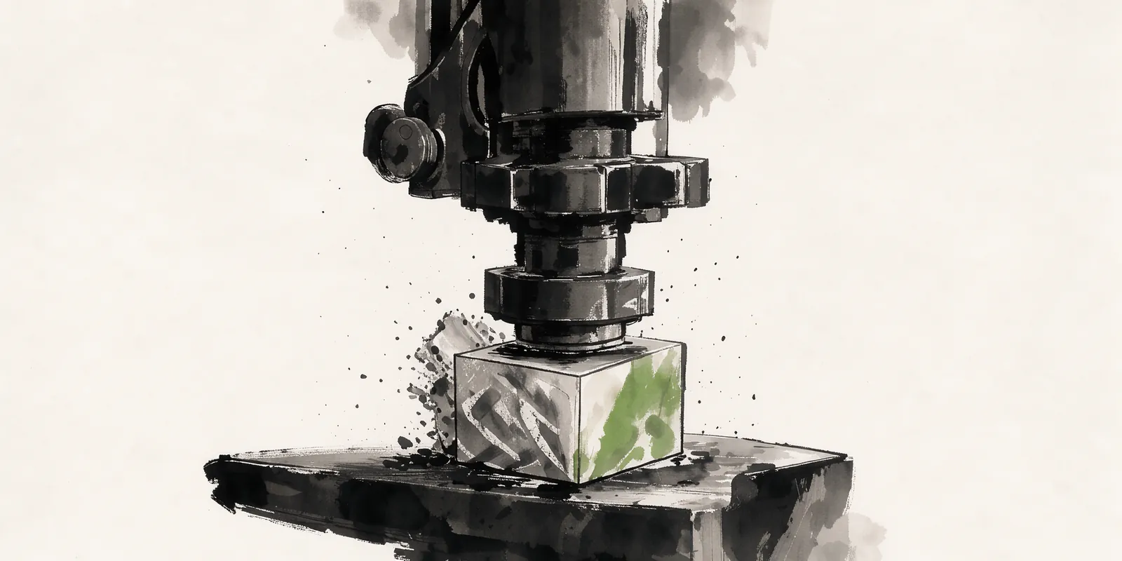 An ink wash painting of a heavy mechanical press striking a piece of raw material to form a perfect, sharp-edged cube, signifying the strict new requirements of the Node.js 27 update.