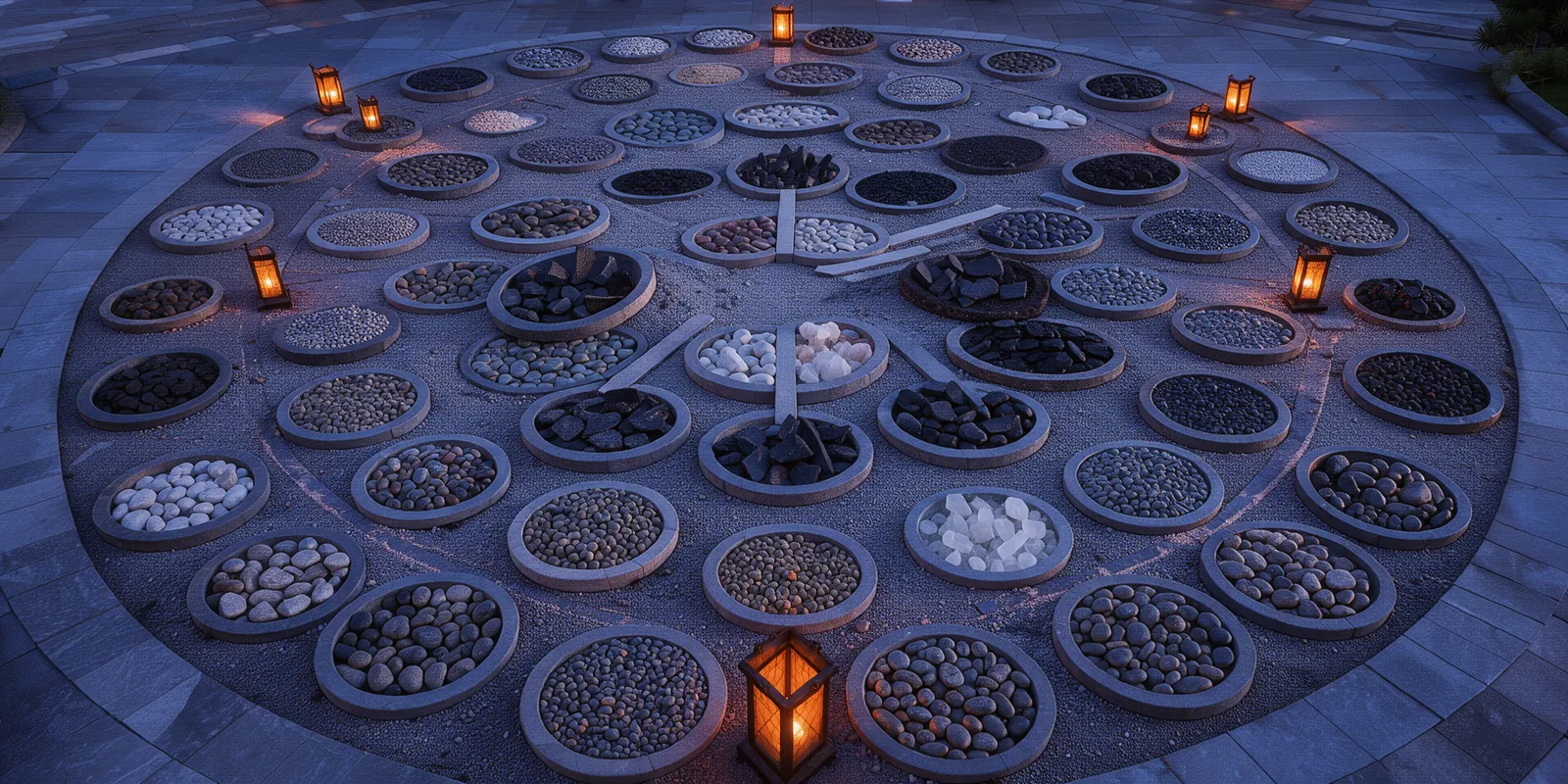 A symmetrical overhead view of a stone courtyard with circular basins filled with varied stones, illuminated by orange lanterns in a deep blue twilight.